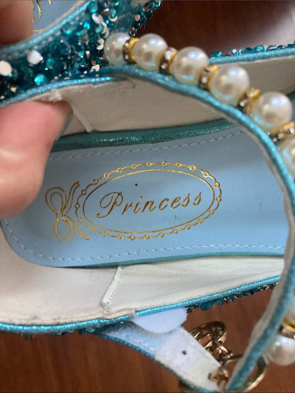 Princess Teal Glitter Butterfly Pearl-Strap Dress Shoes Sz 12